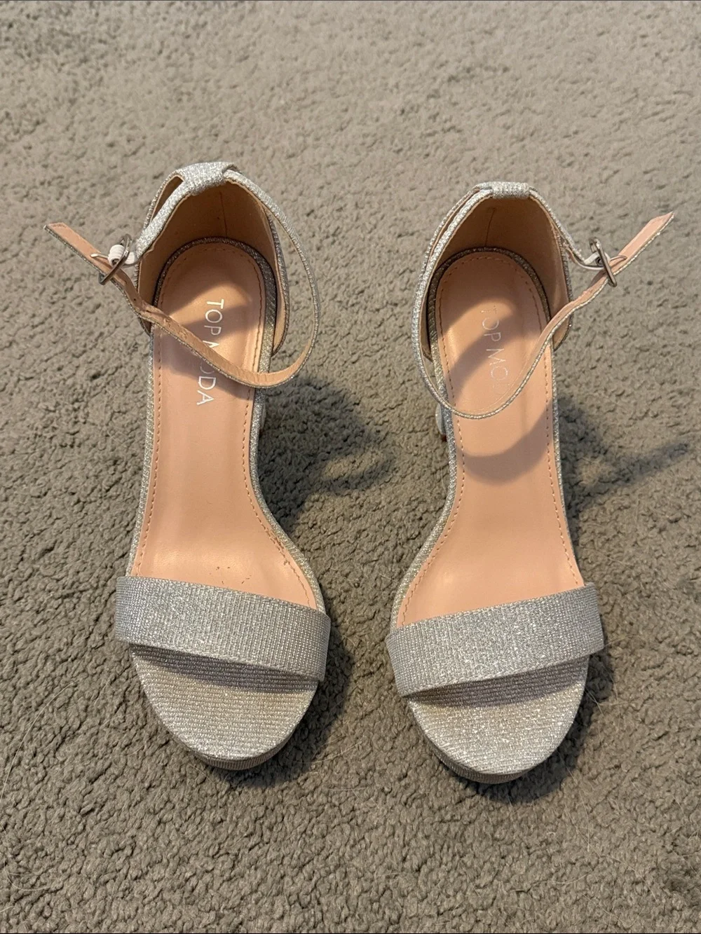 TOP Moda Silver Glitter Block Heel Sandals with Ankle Strap